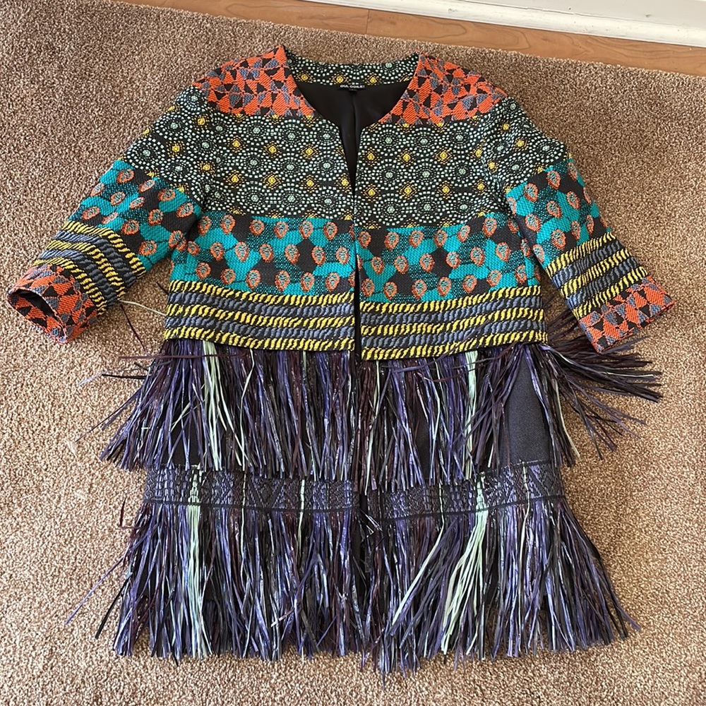 Oui, Odile! Mixed print mixed media fringe jacket blazer size L - Picture 9 of 12